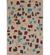 Modern abstract hand-tufted wool rug with red, blue, and gold accents